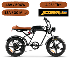 An electric bike with a black frame, brown seat and accents, large wheels, and a front basket.